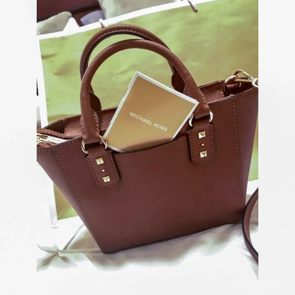 Michael Kors Sandrine Brown Leather Gold Studs CrossBody Satchel Purse Like New - Picture 4 of 7
